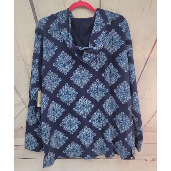 St John's Bay Active Large Blue/Navy Medallion Long Sleeve Hooded Shirt - Picture 3 of 5